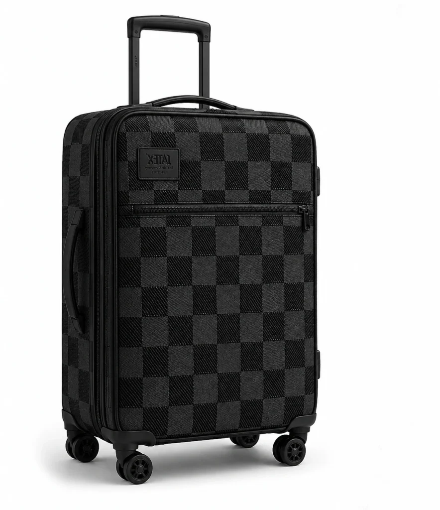 Travel suitcase design sample using black and gray checkered jacquard fabric by SATEX Textile Company